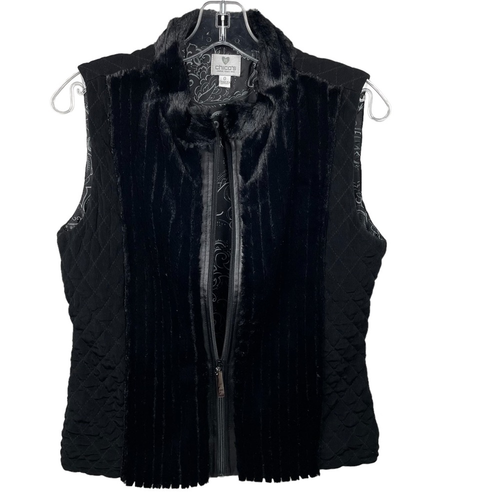 Chico’s Black SOFT Faux Fur Zip-Up Vest Cute Rhinstone Detail in Zipper Size 0